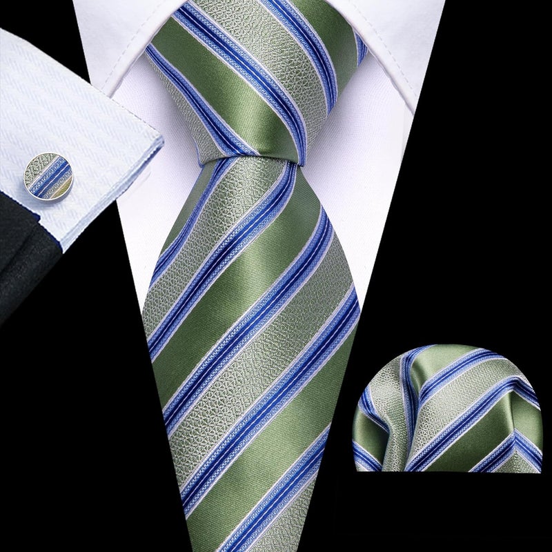 Barry.Wang Store Tie Sets for Men Silk Stripe Necktie Woven Checkered Handkerchief Cufflinks Formal Business Wedding - Image 3